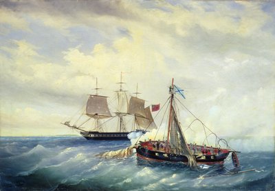 Battle between the Russian ship Opyt and a British frigate, off the coast of Nargen Island, 11th June 1808 by Leonid Demyanovich Blinov